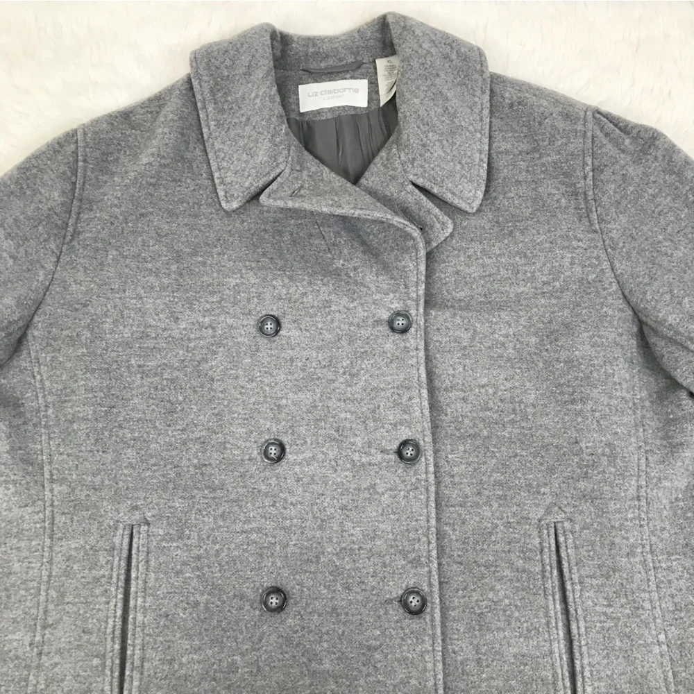 LIZ CLAIBORNE Gray Wool Cashmere Peacoat Jacket Size XL Double Breasted‎ Winter